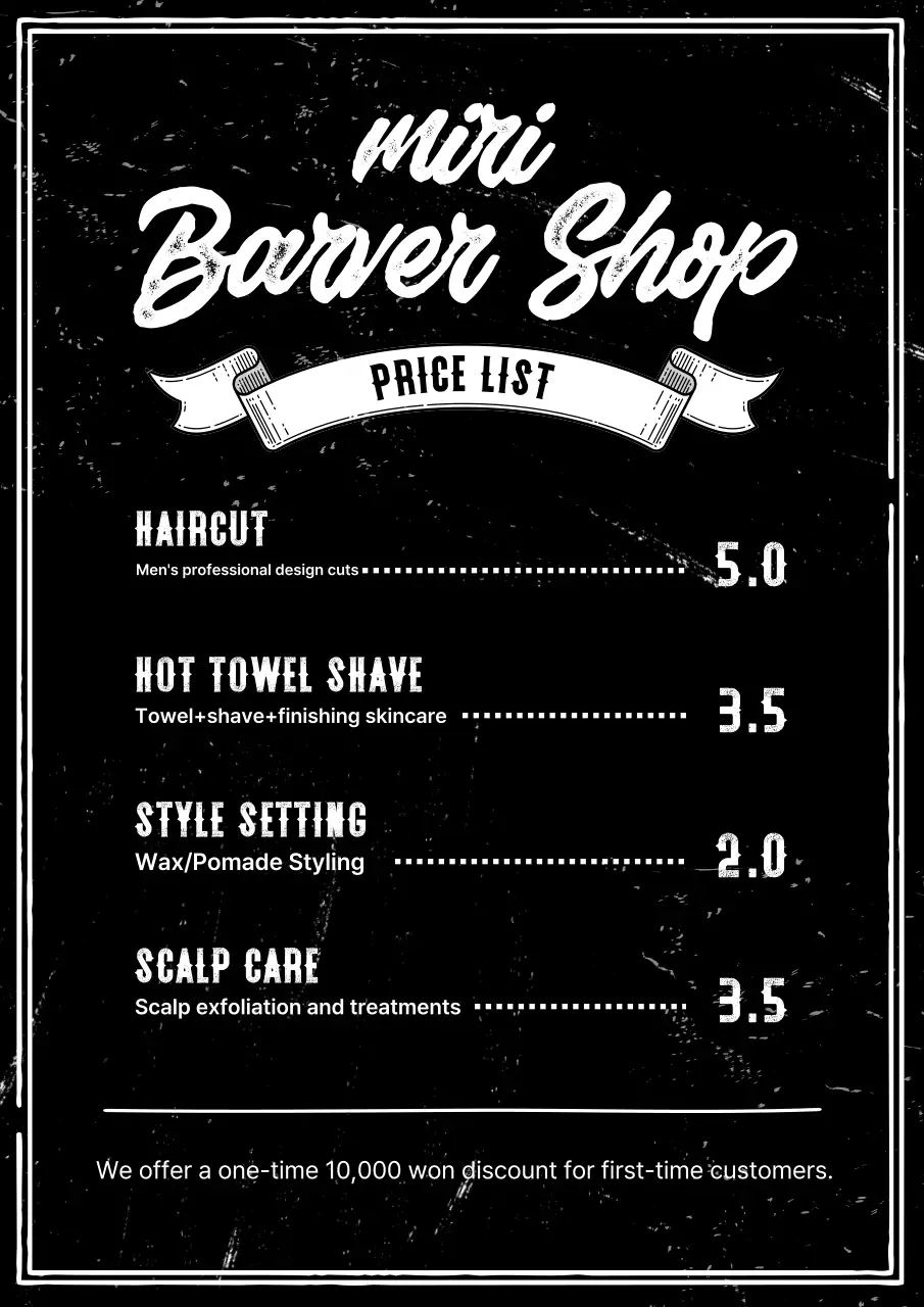 Menu pangkas rambut vintage hitam putih