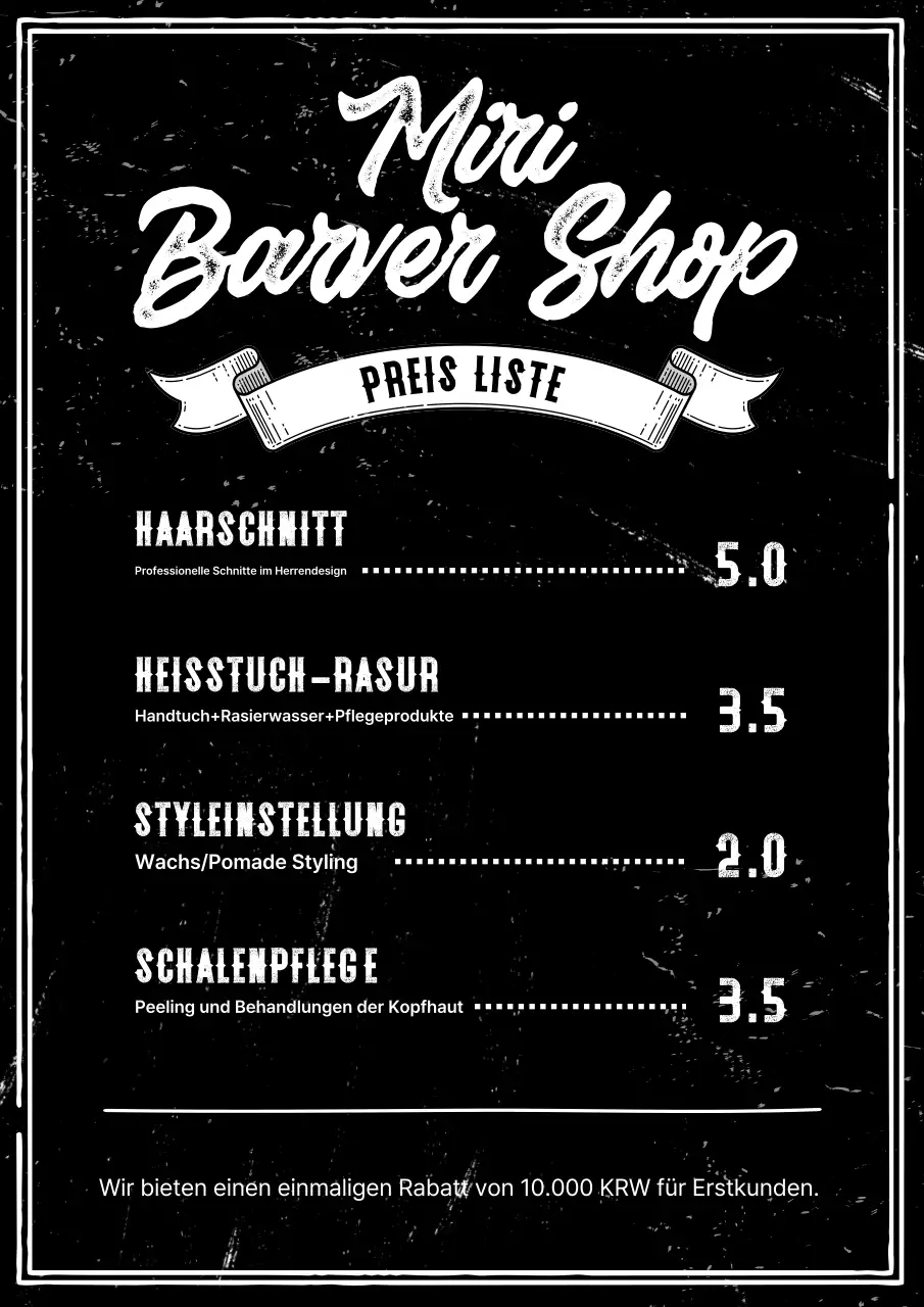 Schwarz-weißes Vintage-Barbershop-Menü