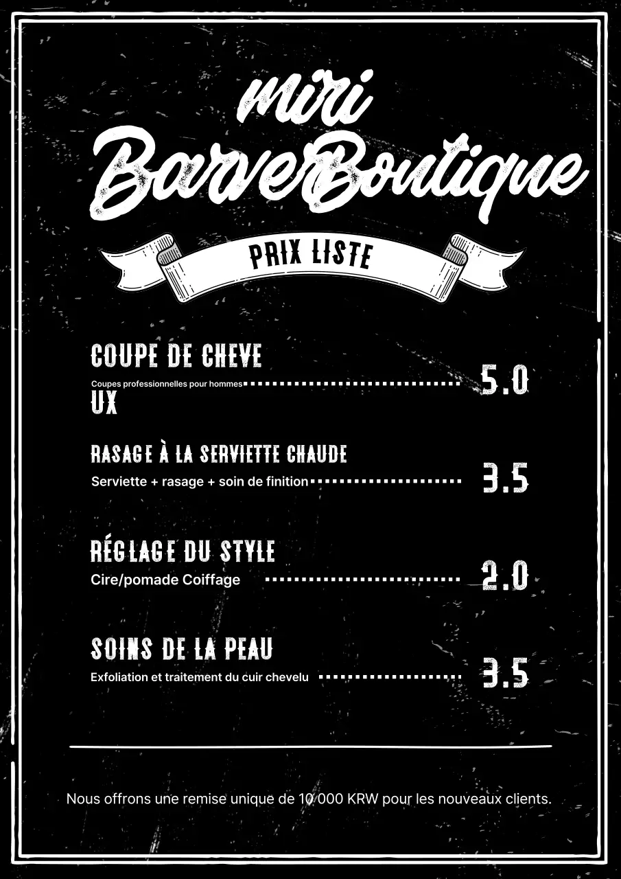 Menu de salon de coiffure vintage noir et blanc