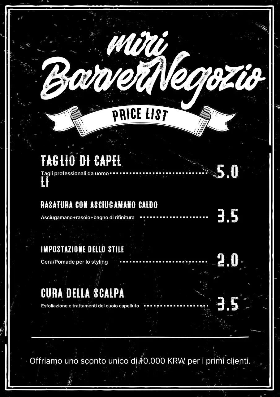 Menù da barbiere vintage in bianco e nero