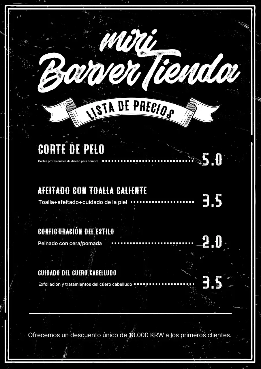 Menú de barbería vintage en blanco y negro