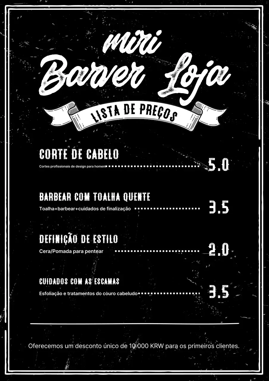 Cardápio de barbearia vintage em preto e branco