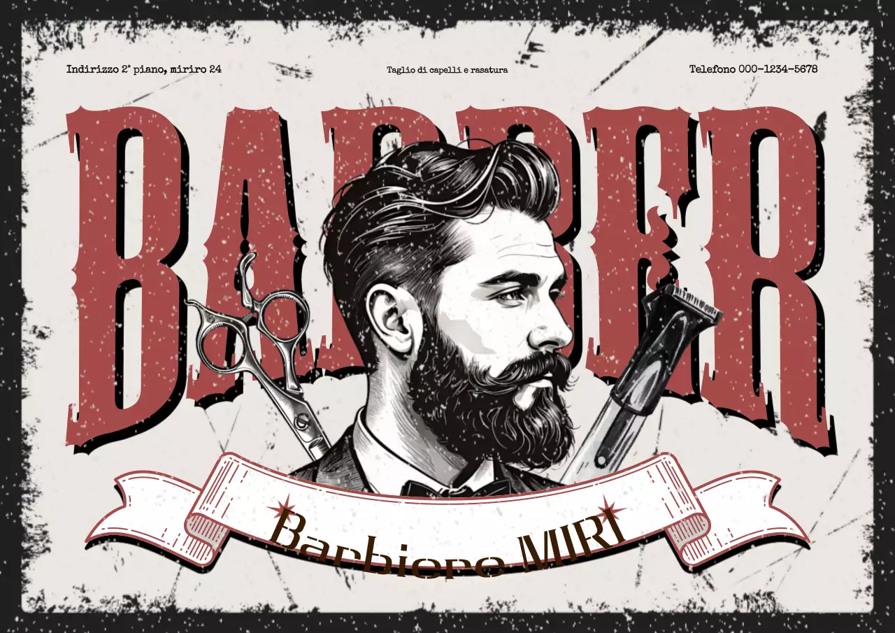 Manifesto pubblicitario di un barbiere d'epoca color Borgogna