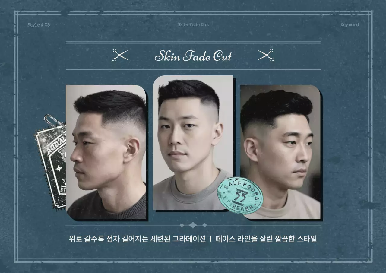 남색의 빈티지한 바버샵 헤어스타일 가이드북 모음