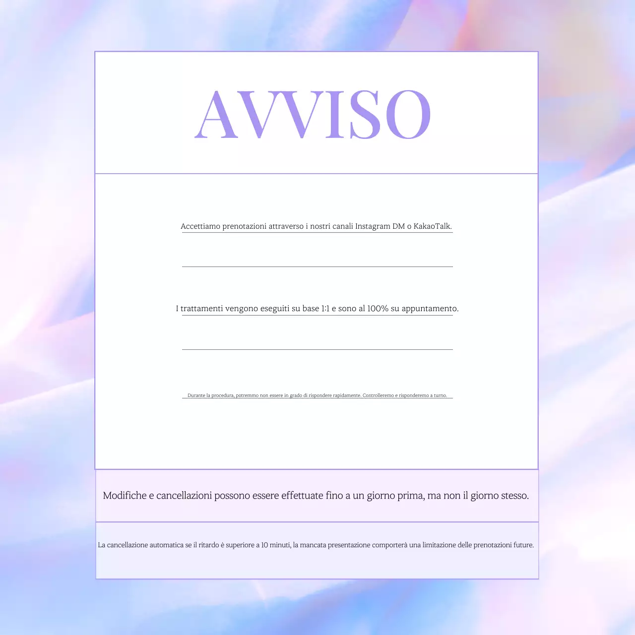 Avviso di prenotazione per unghie viola chiaro e curate