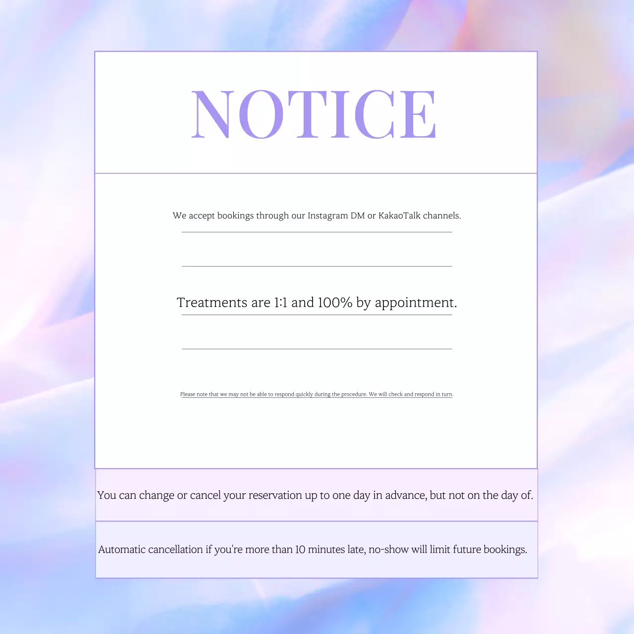 Notice on reservation for neat, light purple nails