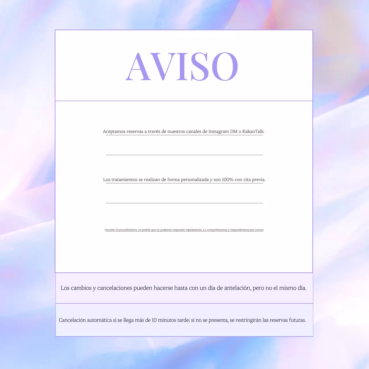 Aviso de reserva para uñas impecables de color morado claro.