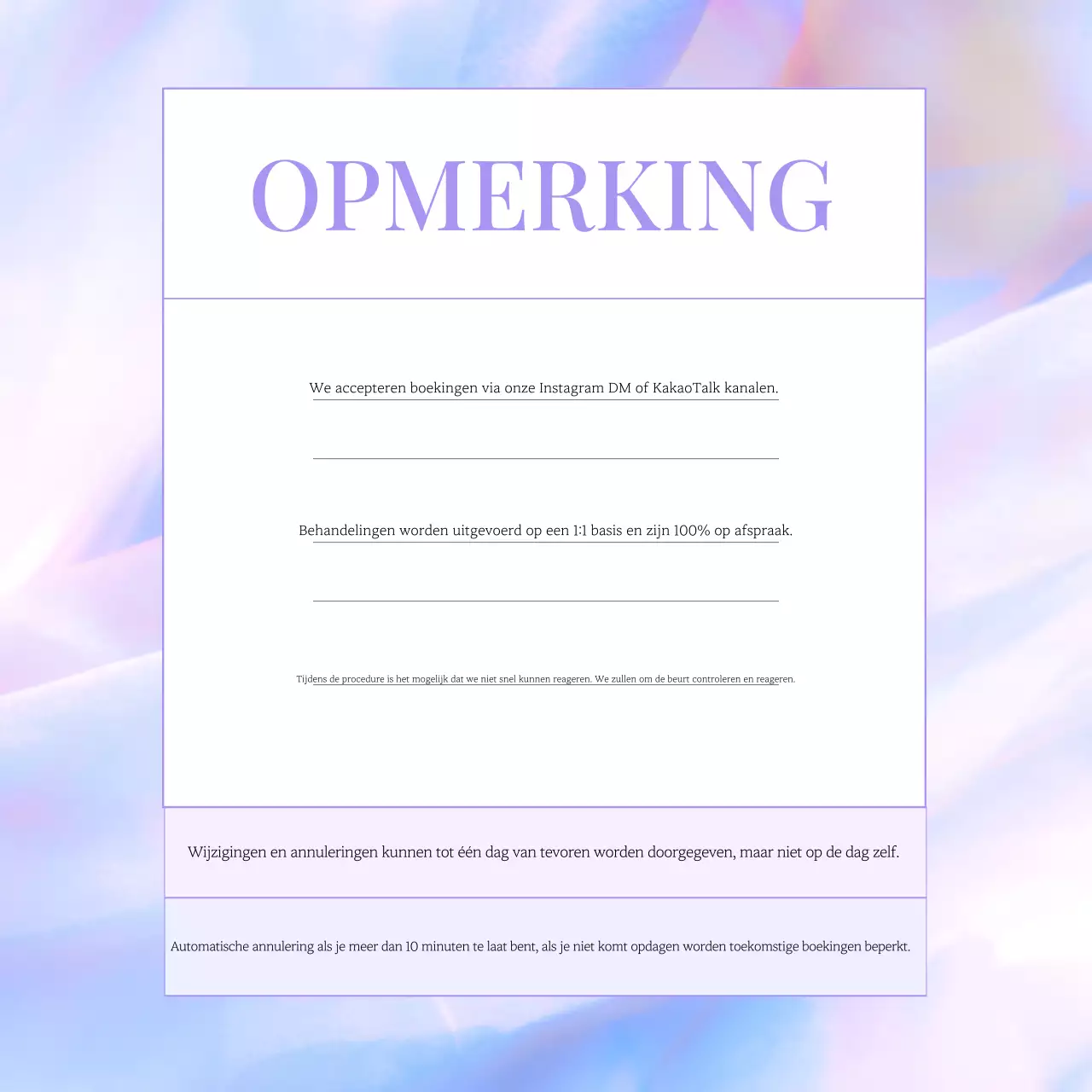 Mededeling over reservering voor nette, lichtpaarse nagels