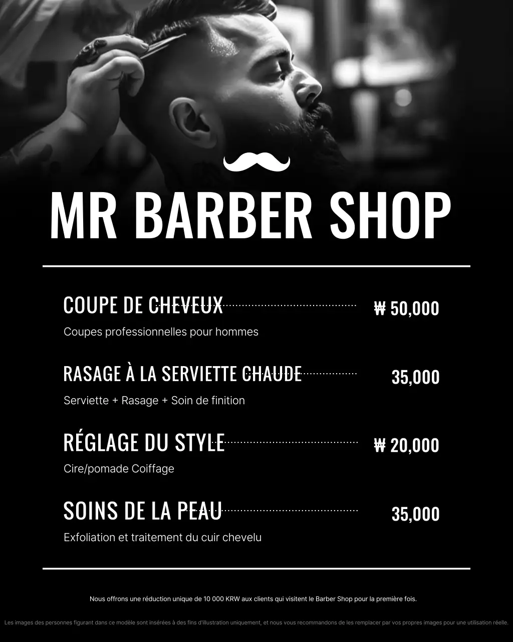 Publicité vintage de salon de coiffure en noir et blanc