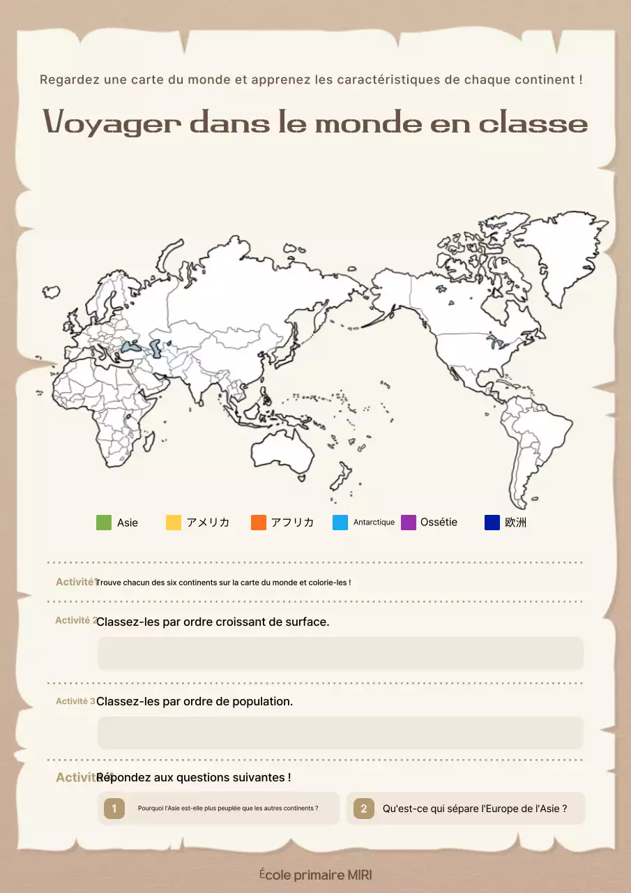 Carte du monde beige éducative, matériel pédagogique