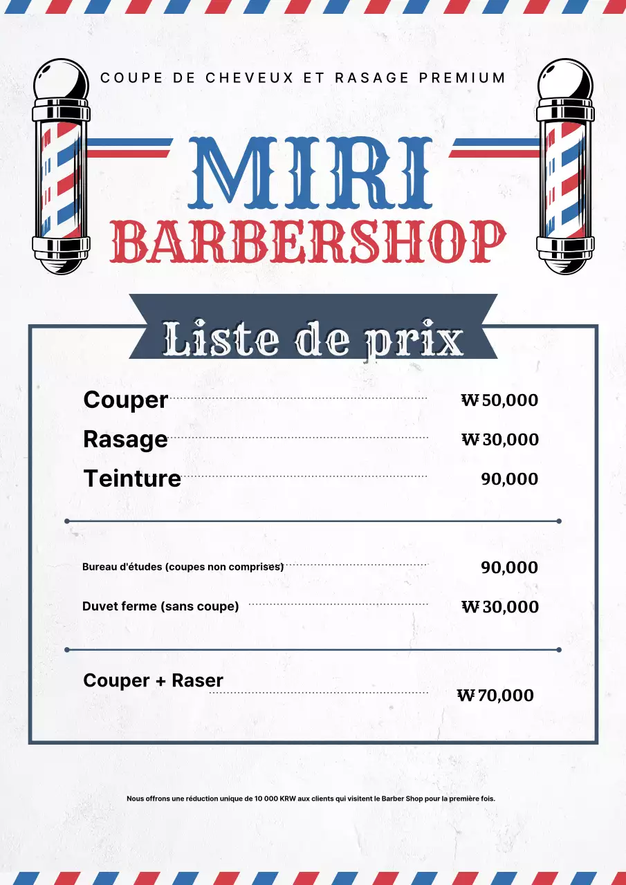 Liste de prix du salon de coiffure vintage bleu
