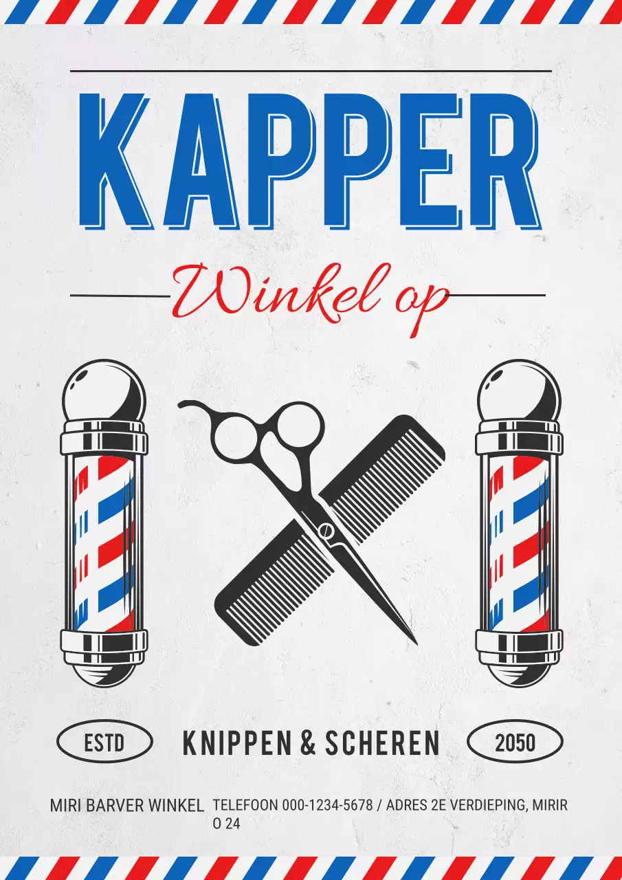 Advertentie voor een blauwe traditionele kapperszaak