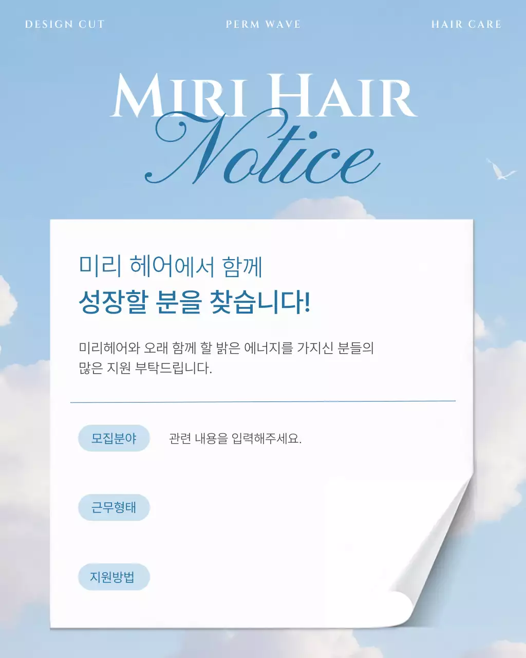 하늘색 모던 미용실 직원 모집