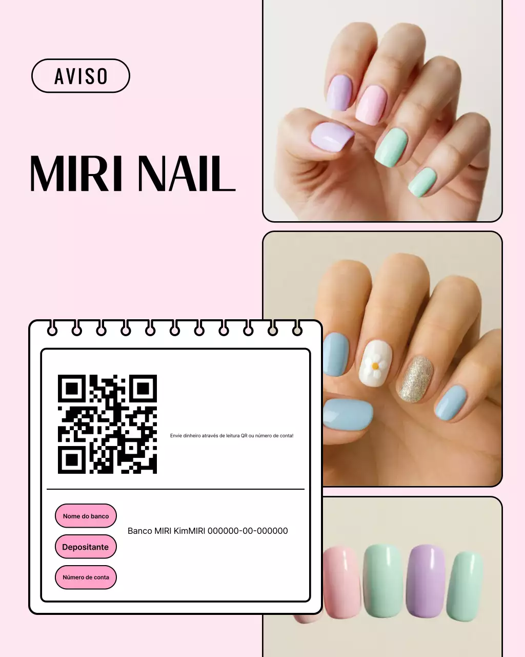 Aviso de Nail Art Rosa Fofa
