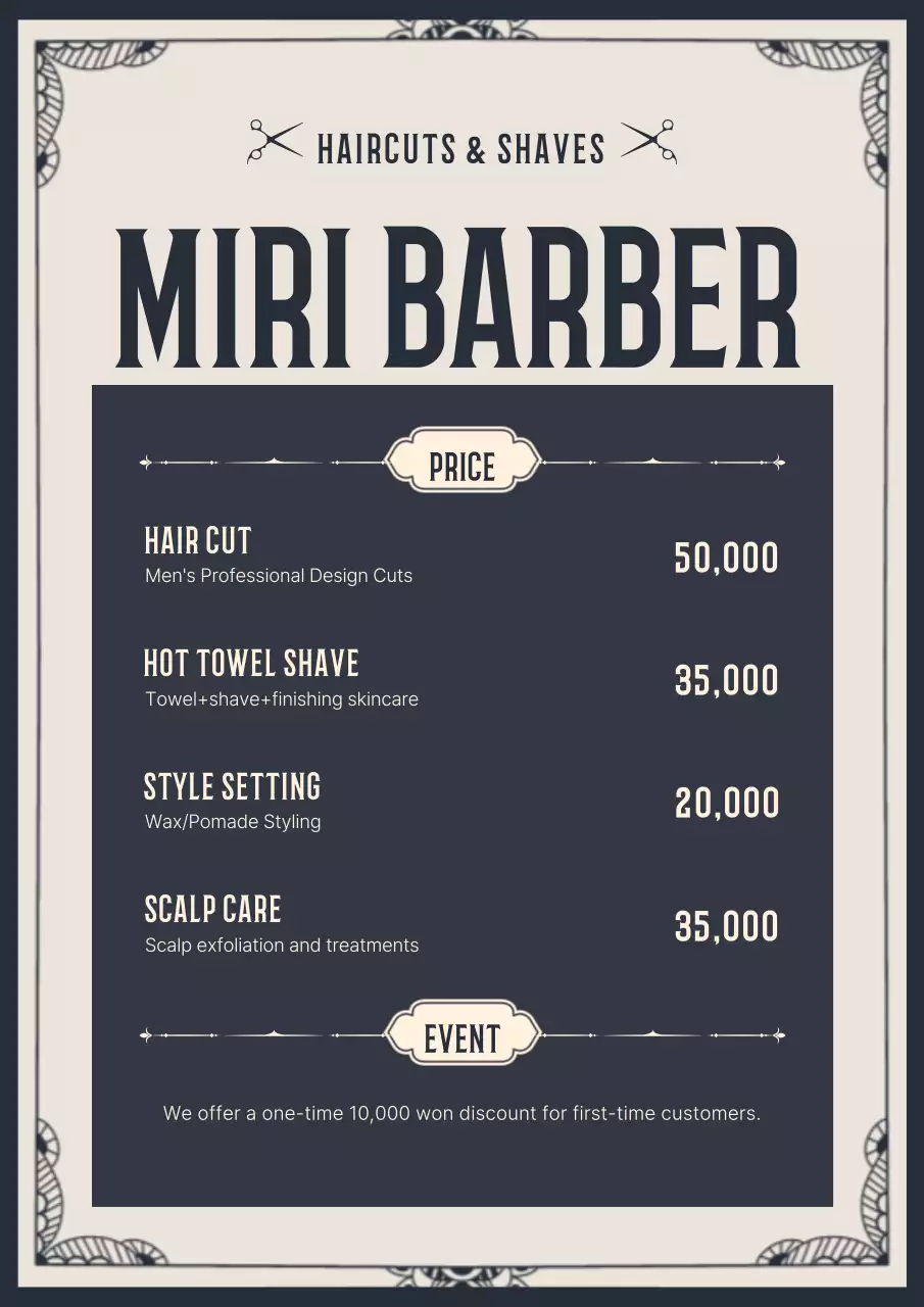 Thực đơn tiệm cắt tóc cổ điển màu xám
