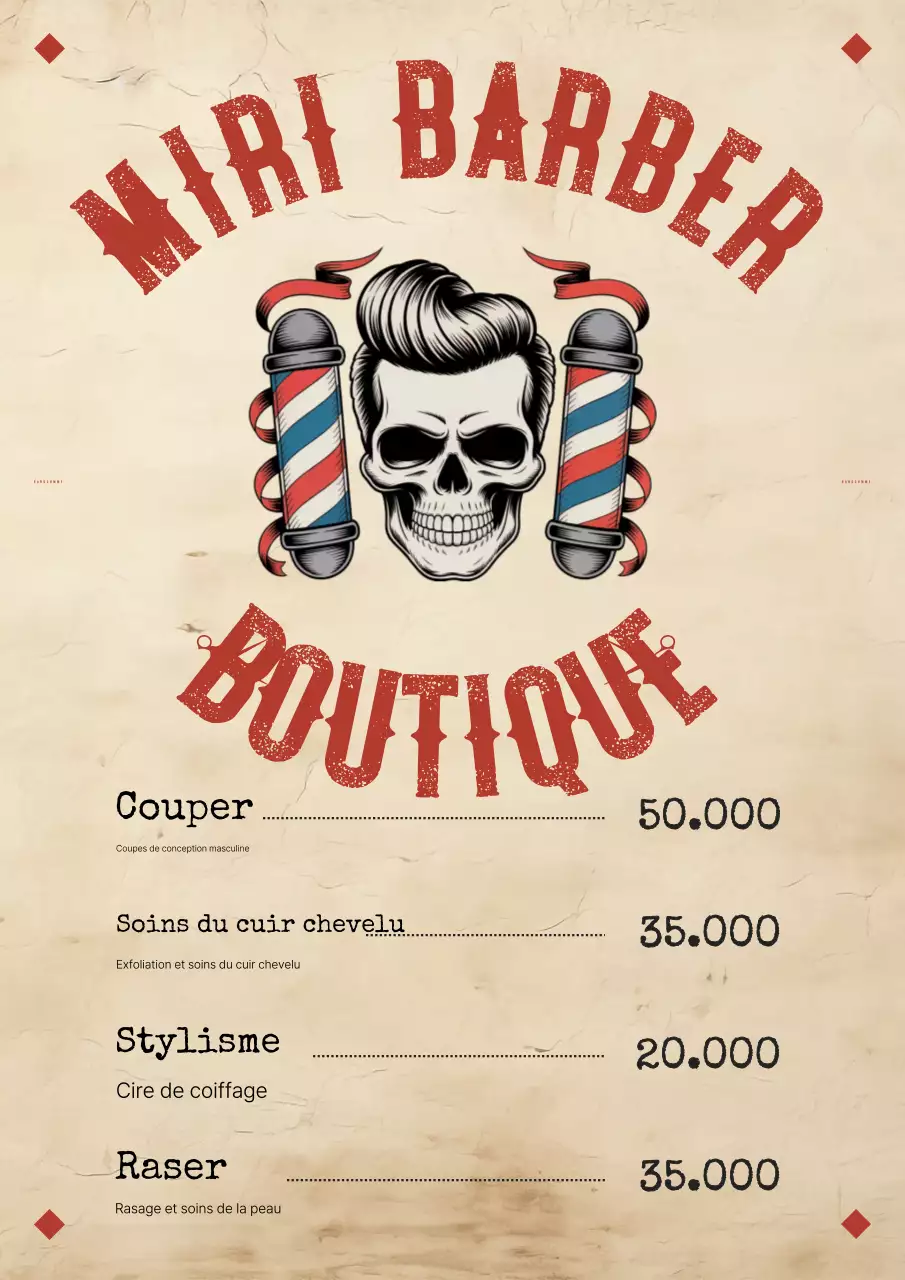 Menu du salon de coiffure vintage beige