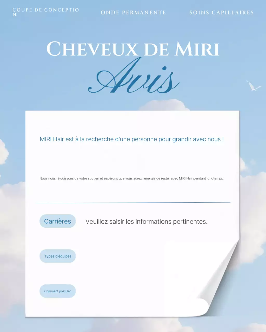 Recrutement du personnel du salon de beauté moderne Sky Blue