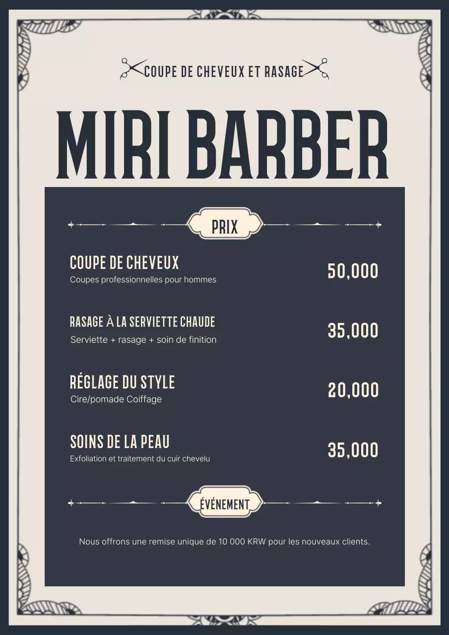 Menu du salon de coiffure vintage gris