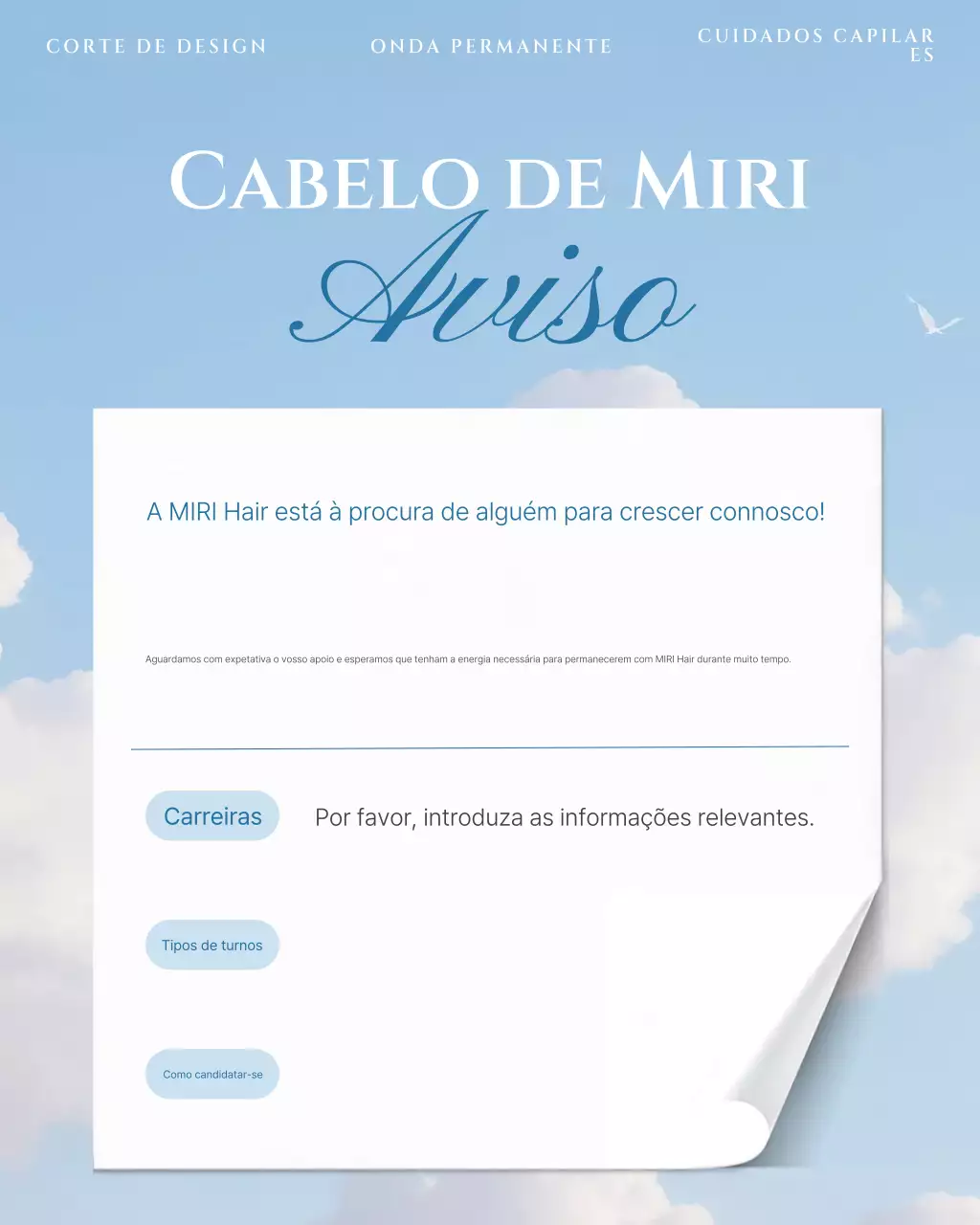 Recrutamento de equipe para salão de beleza moderno Sky Blue