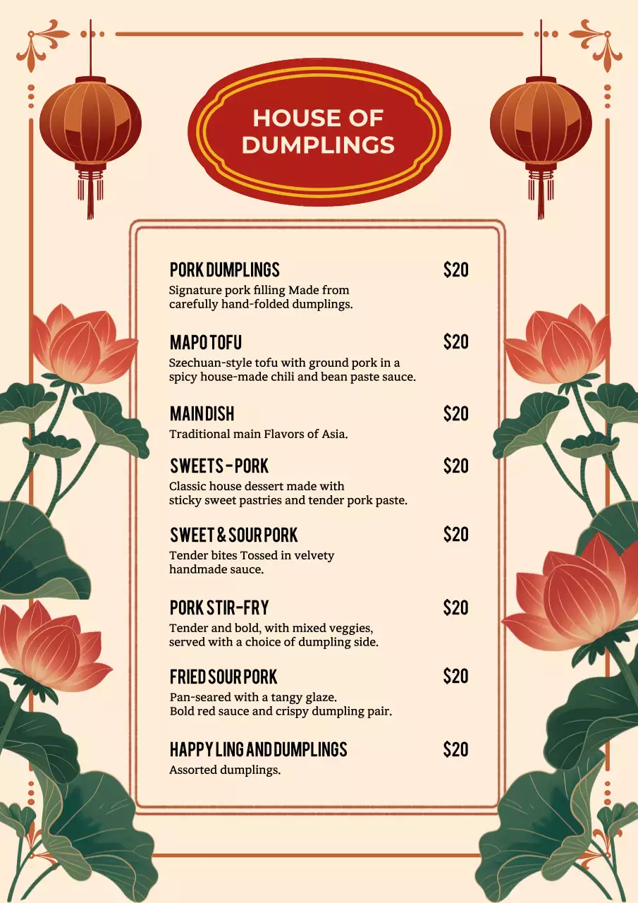 Beige Traditional Dumplings Menu Poster