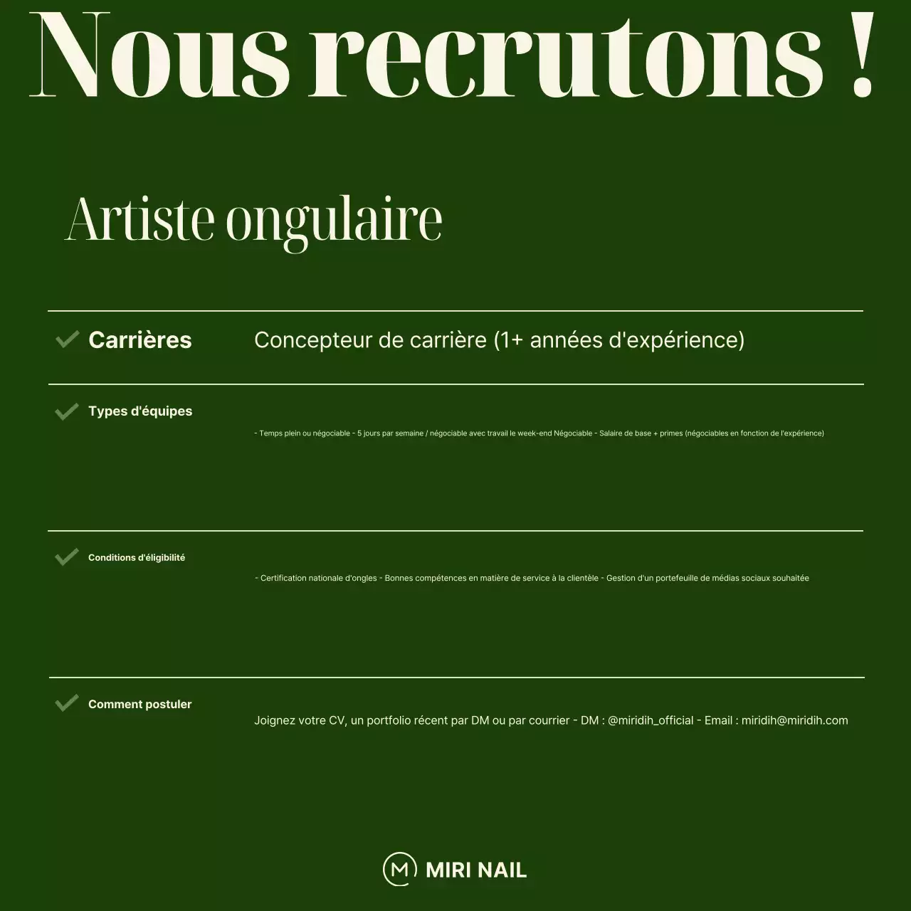 Offre d'emploi pour un nail art basique kaki