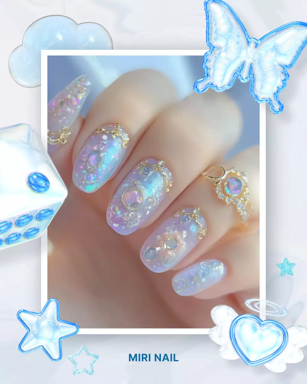 Promoción de arte de uñas de lujo en azul cielo