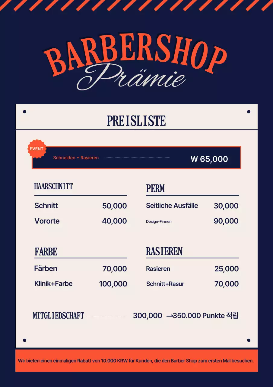 Einfacher Barbershop-Preisführer in Marineblau und Orange