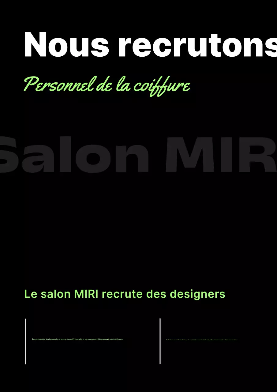 Offre d'emploi pour un salon de coiffure minimaliste noir et fluorescent pour coiffeur