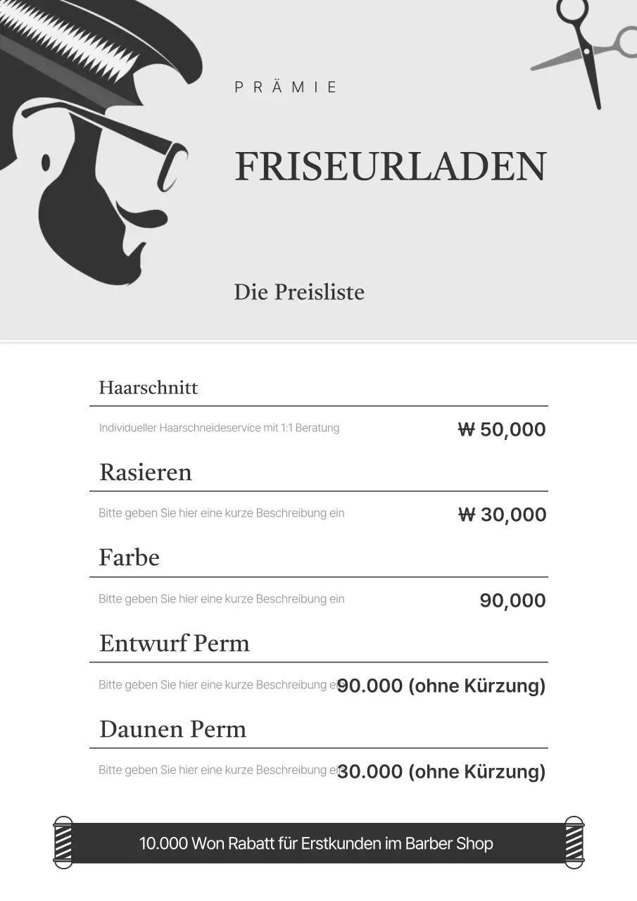 Einfache graue Preisliste für Friseursalons