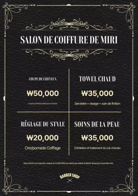 Menu du salon de coiffure classique noir