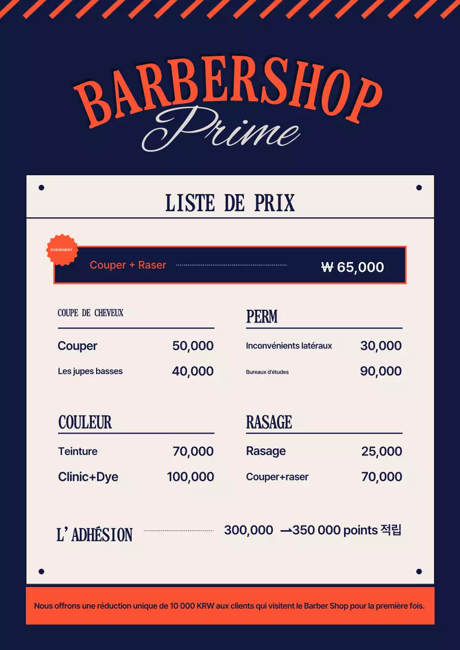 Guide des prix simple des salons de coiffure en bleu marine et orange