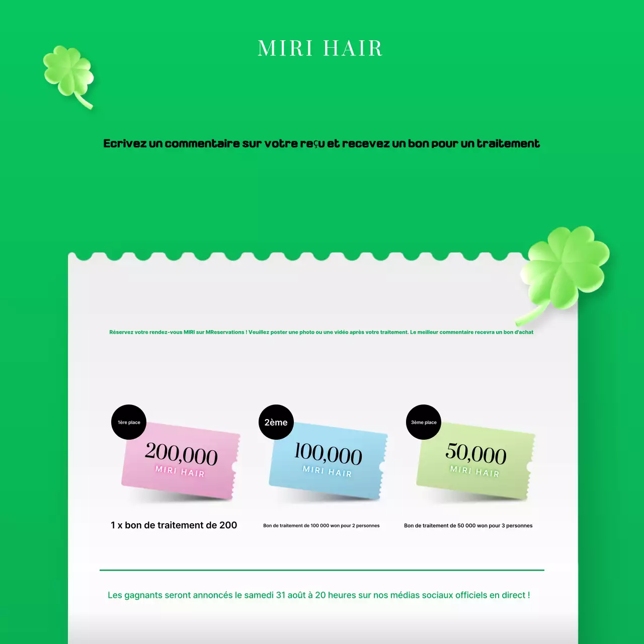 Un simple événement promotionnel de revue de salon de beauté vert et blanc.