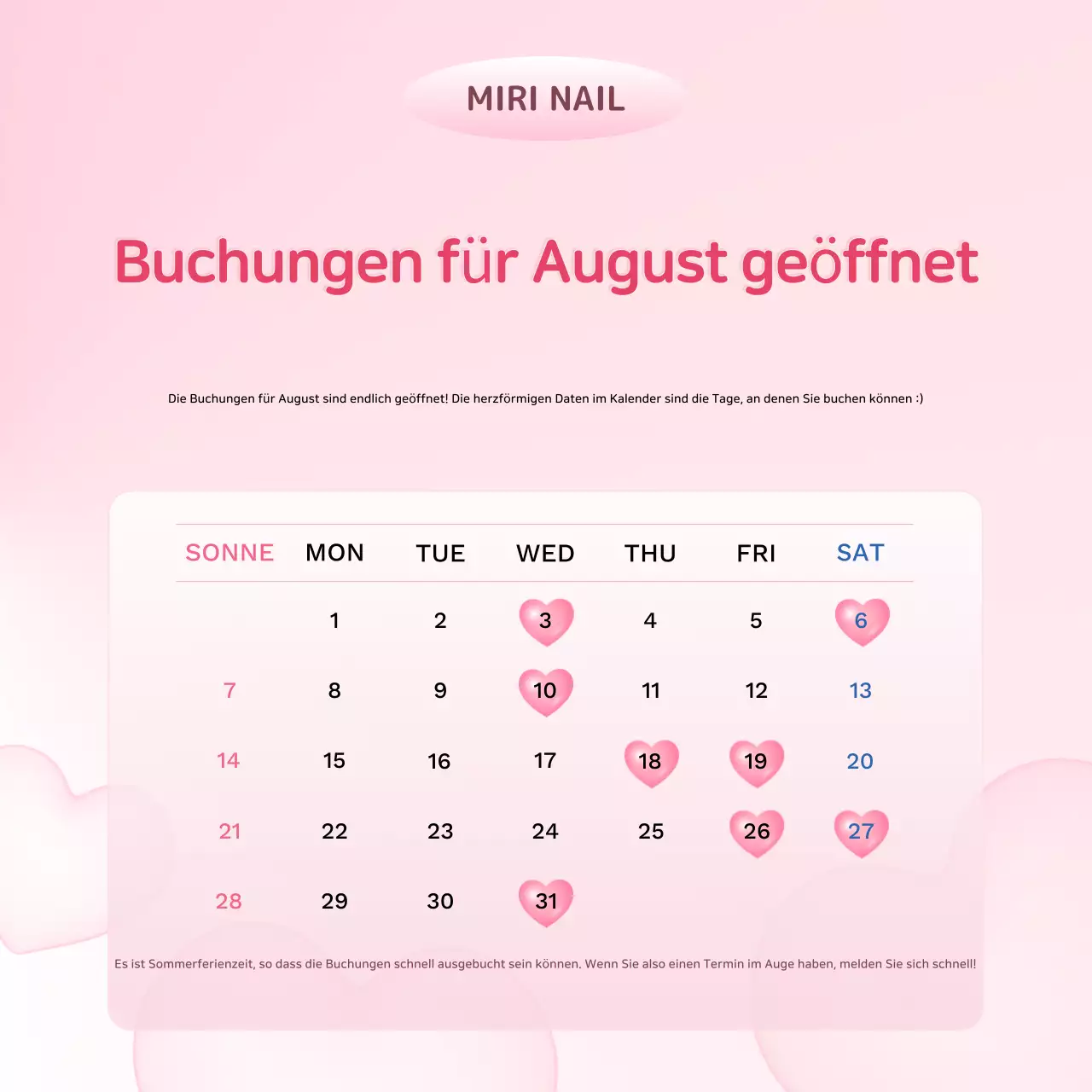 Ankündigung zur offenen Reservierung von Pink Simple Nail