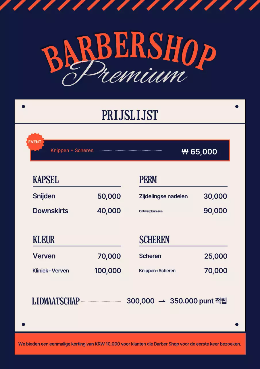 Eenvoudige barbershopprijsgids in marineblauw en oranje