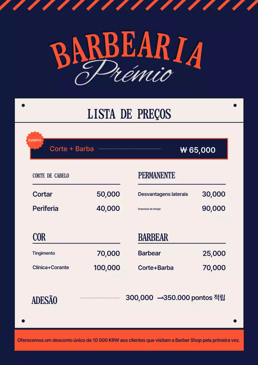 Guia de preços de barbearia simples em azul marinho e laranja