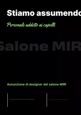 Annuncio di lavoro per parrucchiere in un salone di parrucchiere minimalista nero e fluorescente