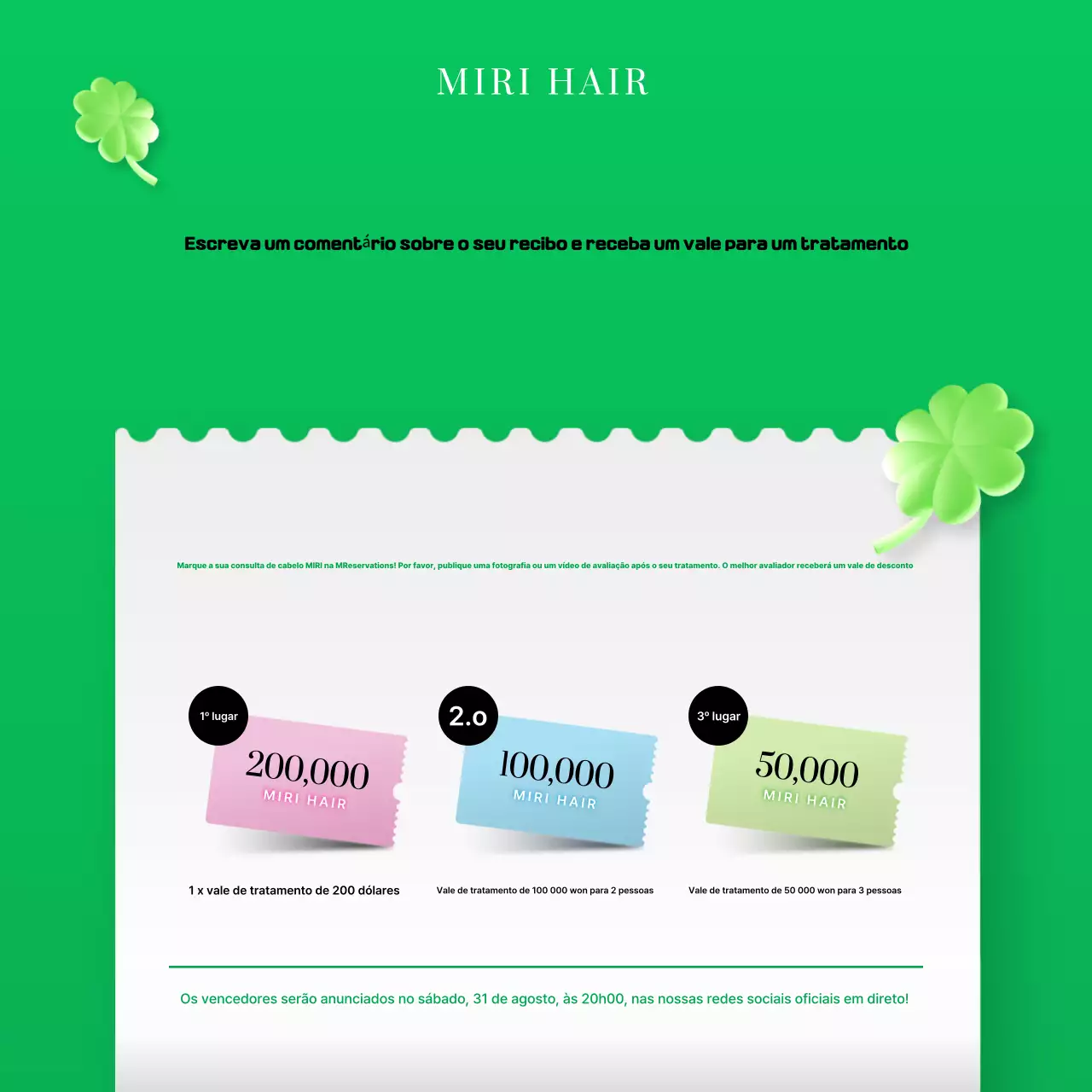 Um evento promocional simples de avaliação de salão de beleza verde e branco.
