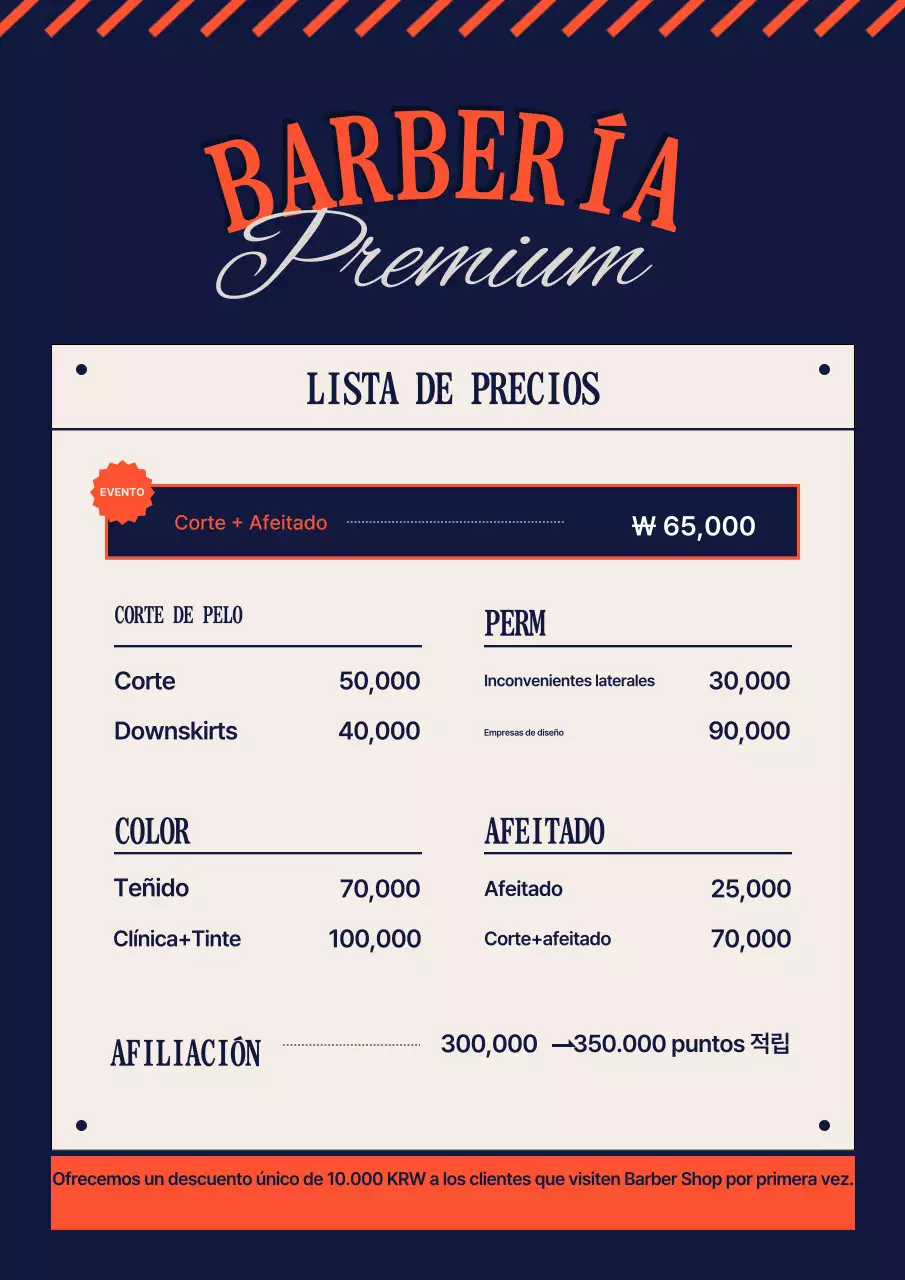 Guía de precios de barbería sencilla en azul marino y naranja