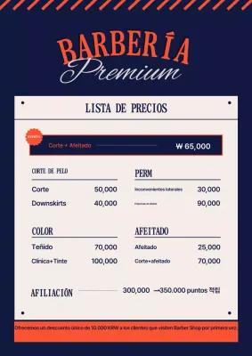 Guía de precios de barbería sencilla en azul marino y naranja