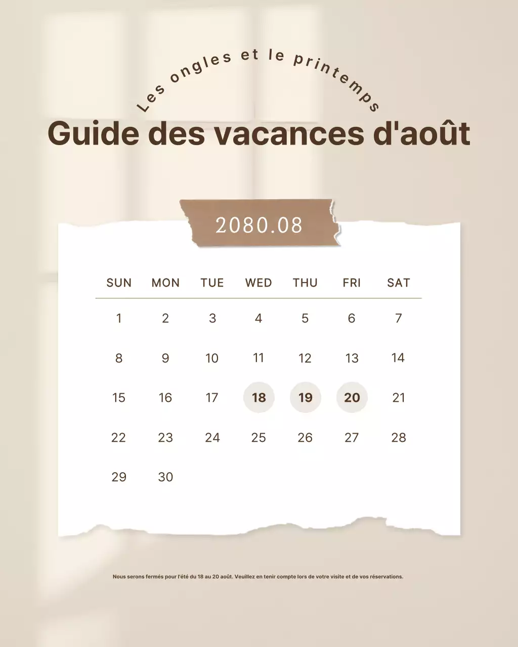 Avis de vacances simple pour un salon de manucure beige et marron