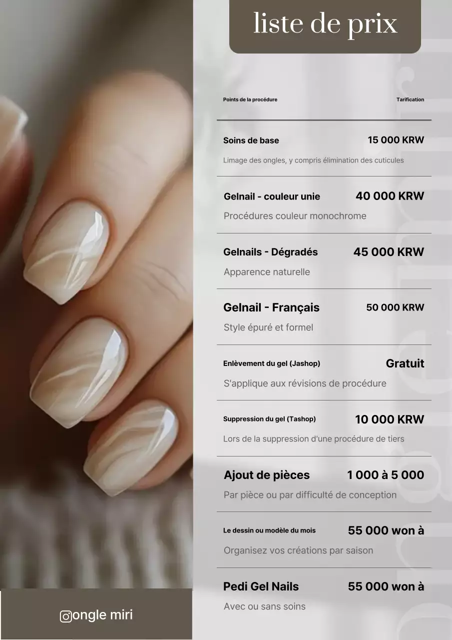 Liste de prix du nail art beige et propre