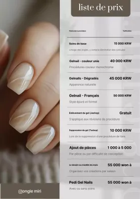 Liste de prix du nail art beige et propre