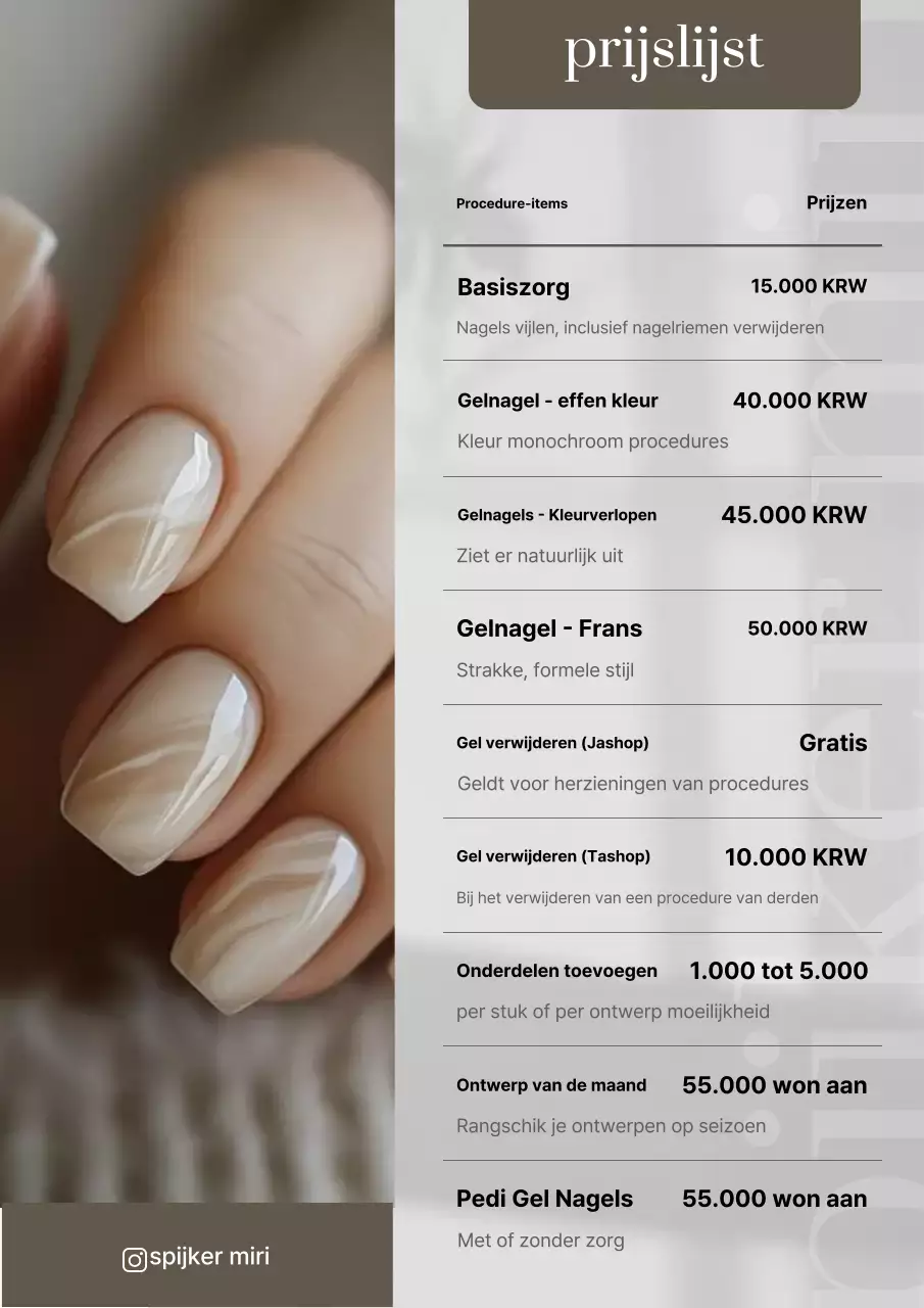 Prijslijst voor beige schone nagelkunst