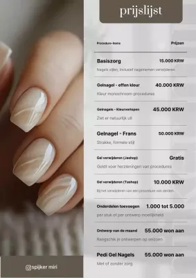 Prijslijst voor beige schone nagelkunst