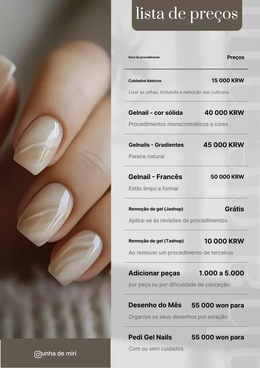 Lista de preços de Nail Art Bege Clean