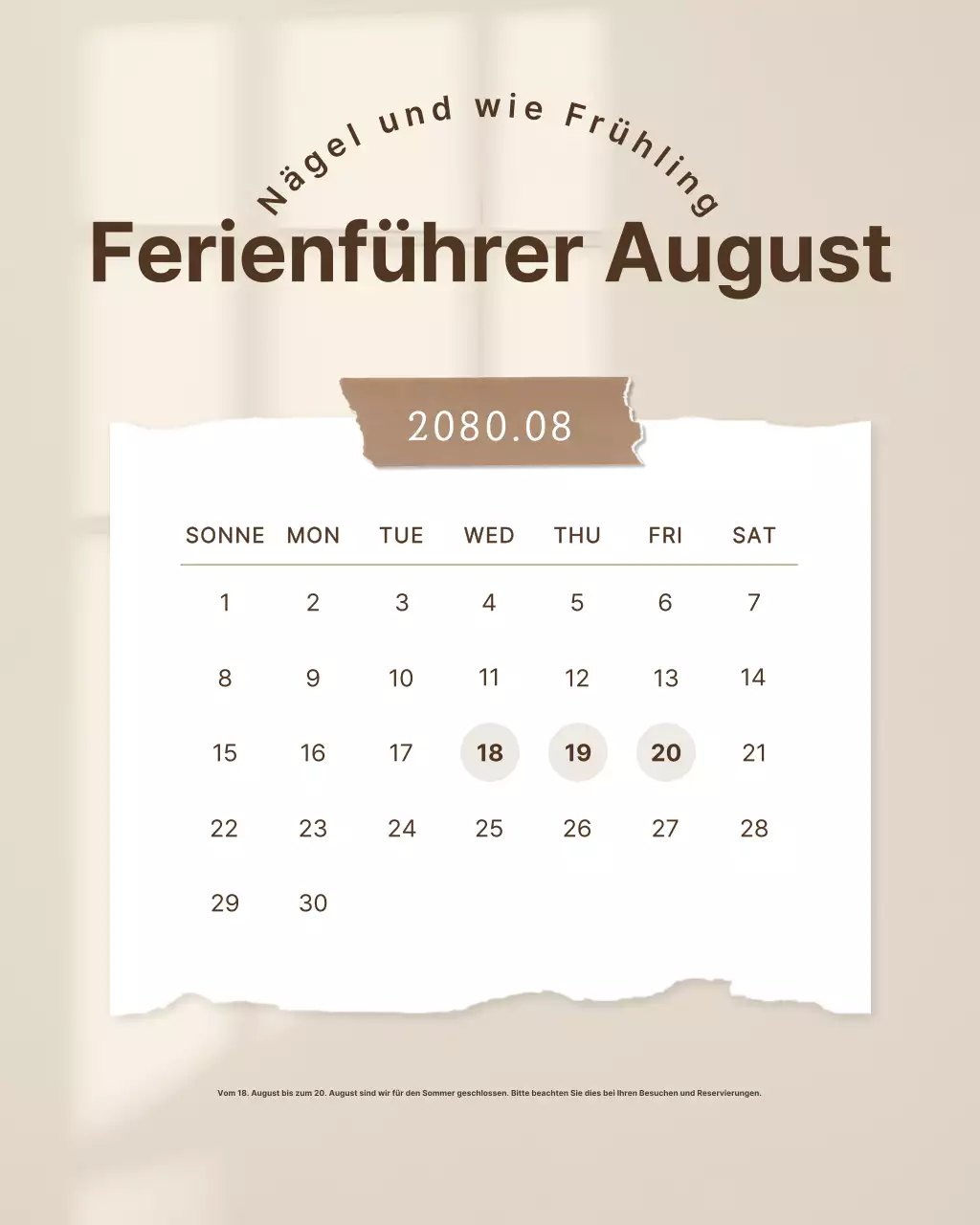 Einfache beige und braune Urlaubsmitteilung für Nagelstudios