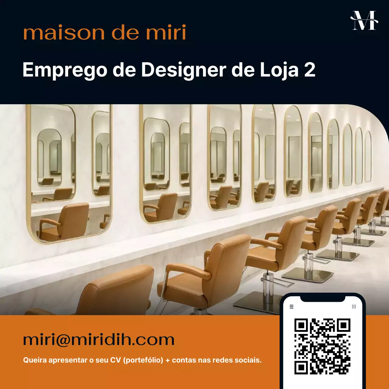 Aviso de recrutamento para designer de cabelo em salão de beleza preto e laranja simples