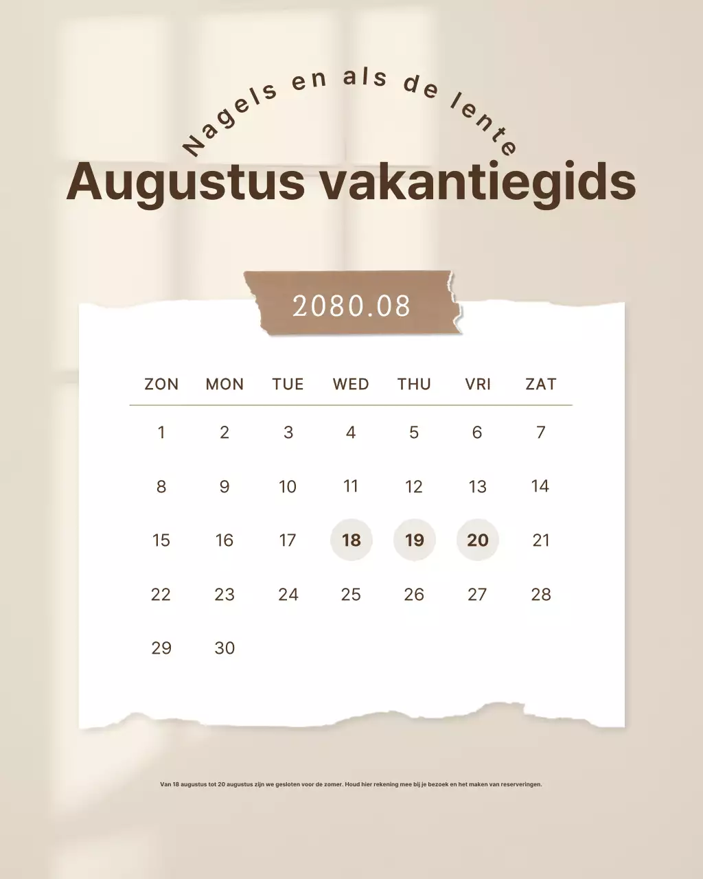 Eenvoudige beige en bruine nagelsalon vakantieaankondiging