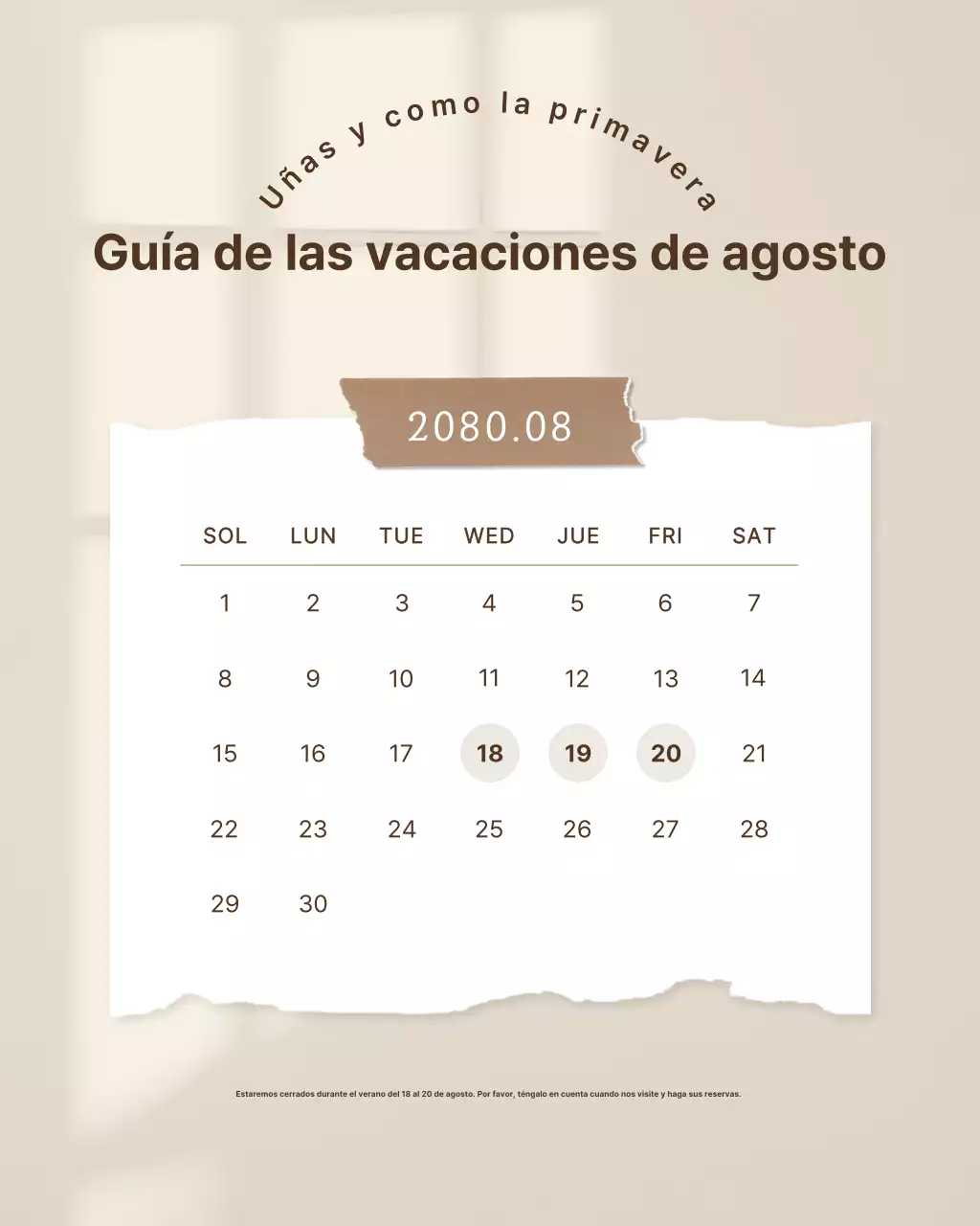 Aviso de vacaciones sencillo de salón de uñas en beige y marrón