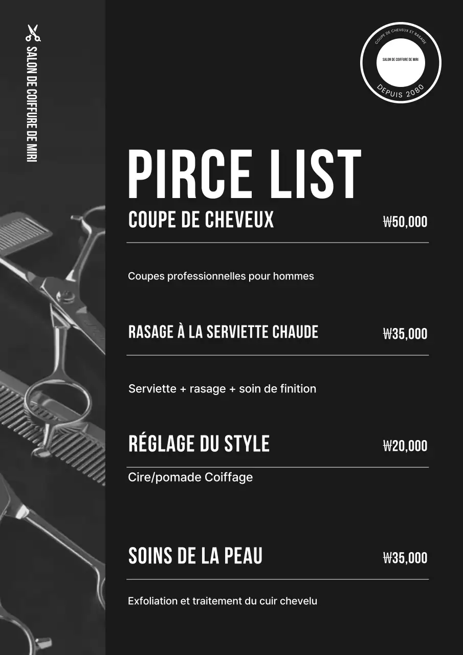 Guide des tarifs du salon de beauté Black Neat